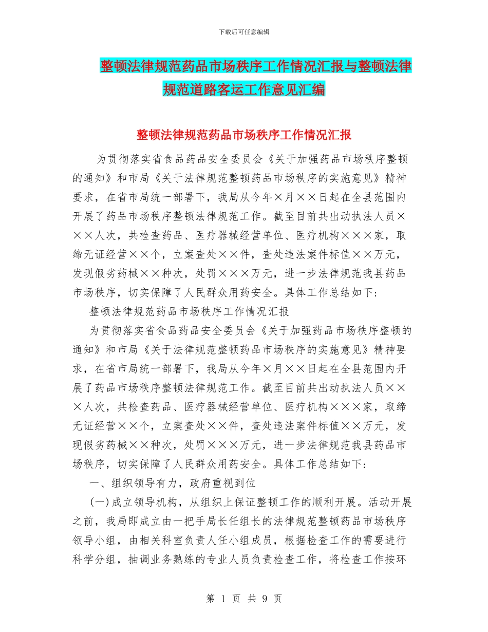 整顿规范药品市场秩序工作情况汇报与整顿规范道路客运工作意见汇编_第1页