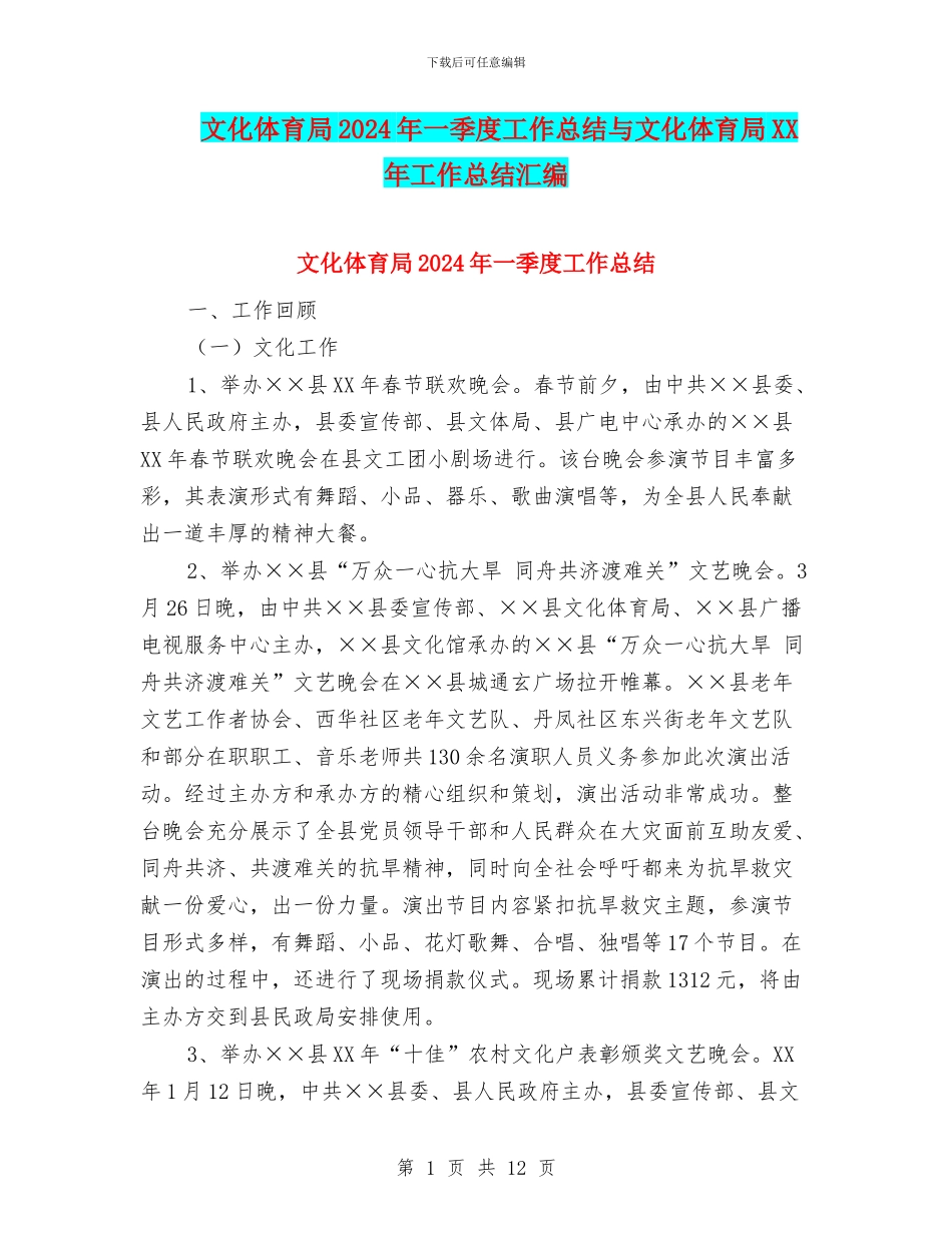 文化体育局2024年一季度工作总结与文化体育局XX年工作总结汇编_第1页