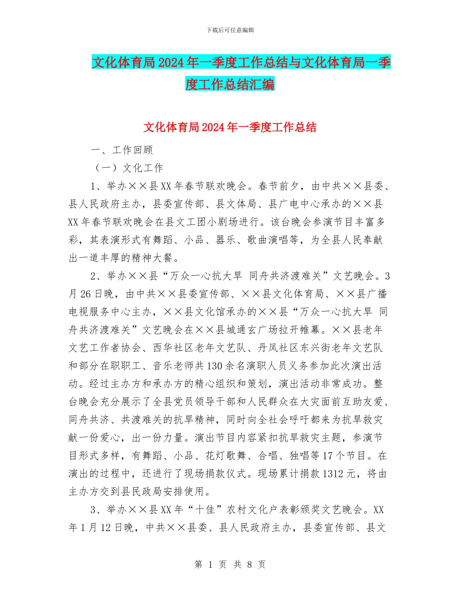 文化体育局2024年一季度工作总结与文化体育局一季度工作总结汇编_第1页