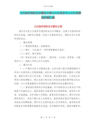文化场所消防安全整治方案与文化宣传中心主任竞聘演讲稿汇编