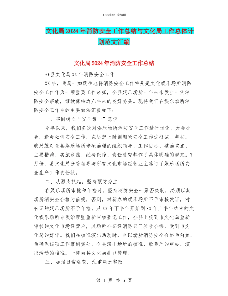 文化局2024年消防安全工作总结与文化局工作总体计划范文汇编_第1页