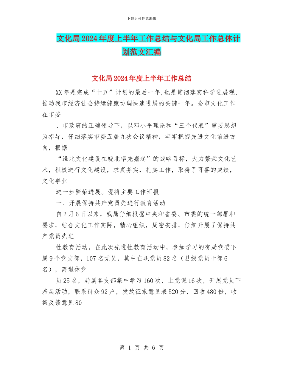 文化局2024年度上半年工作总结与文化局工作总体计划范文汇编_第1页