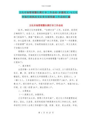 文化市场管理暨扫黄打非工作总结与文化市场行政执法支队党支部党建工作总结汇编