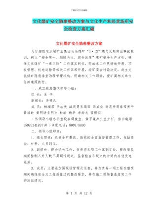 文化煤矿安全隐患整改方案与文化生产和经营场所安全检查方案汇编