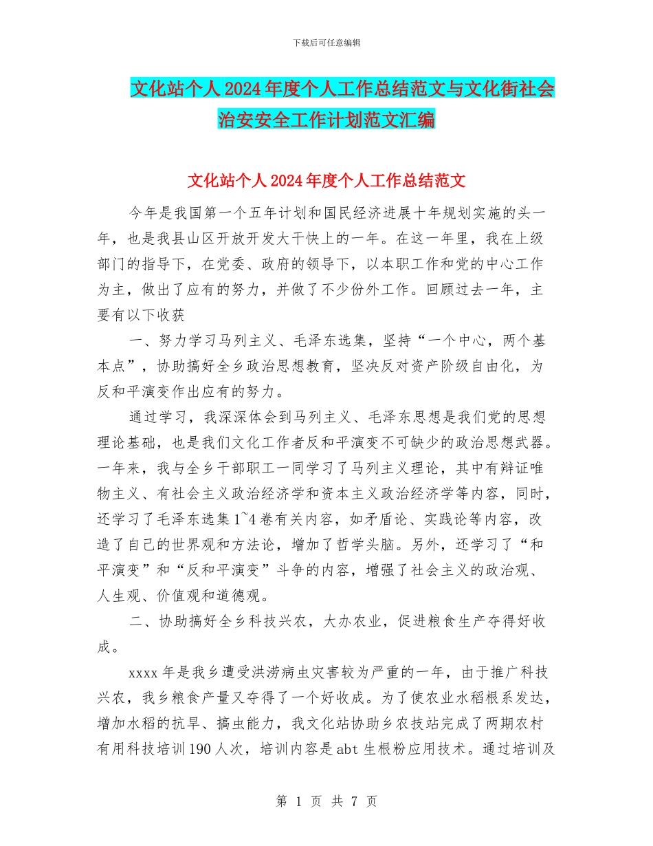 文化站个人2024年度个人工作总结范文与文化街社会治安安全工作计划范文汇编_第1页