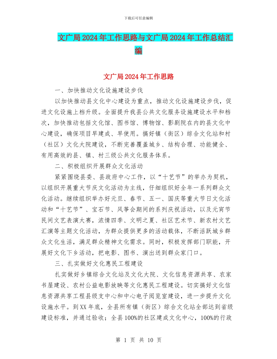 文广局2024年工作思路与文广局2024年工作总结汇编_第1页