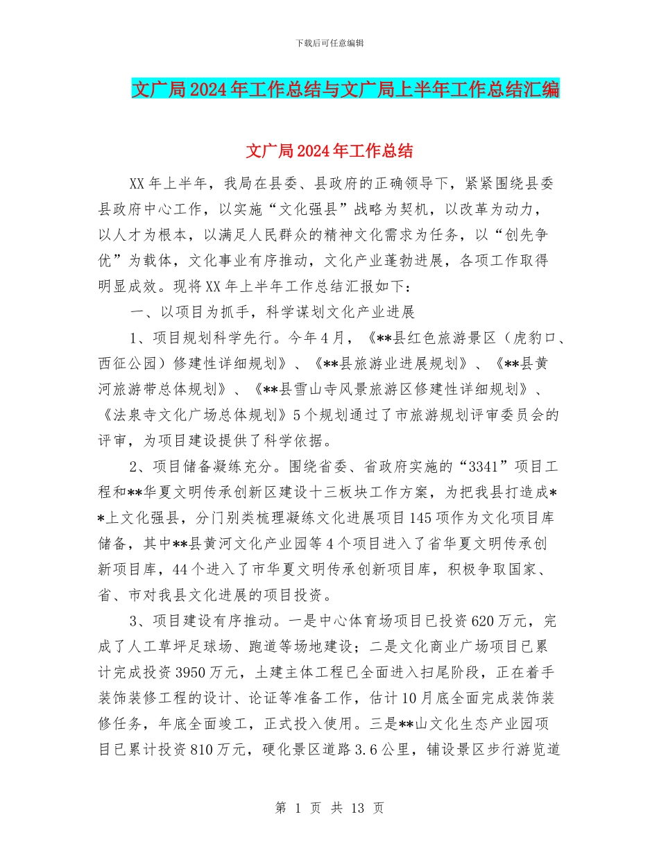 文广局2024年工作总结与文广局上半年工作总结汇编_第1页