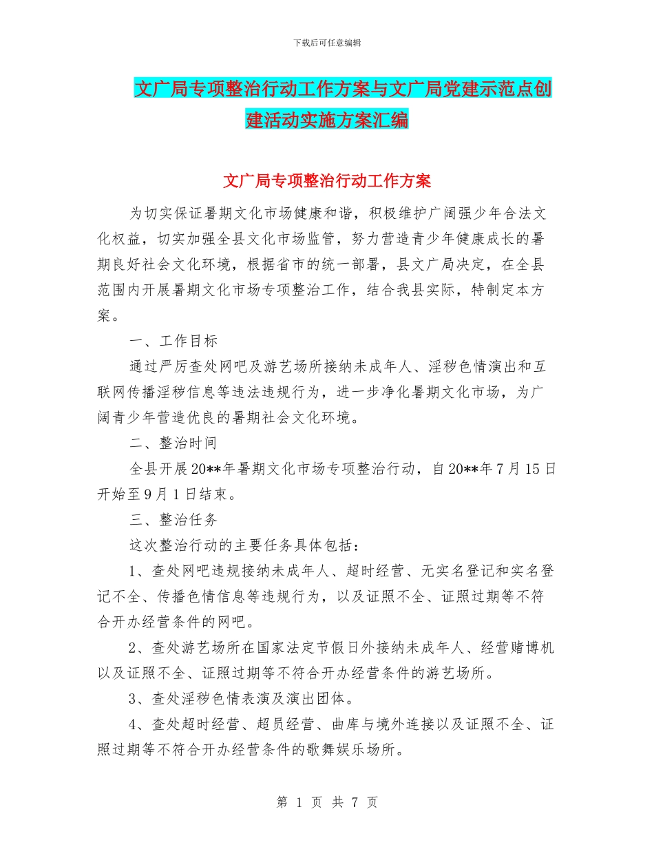 文广局专项整治行动工作方案与文广局党建示范点创建活动实施方案汇编_第1页