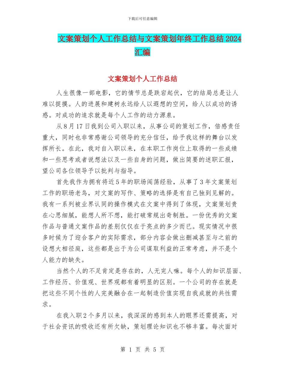 文案策划个人工作总结与文案策划年终工作总结2024汇编_第1页