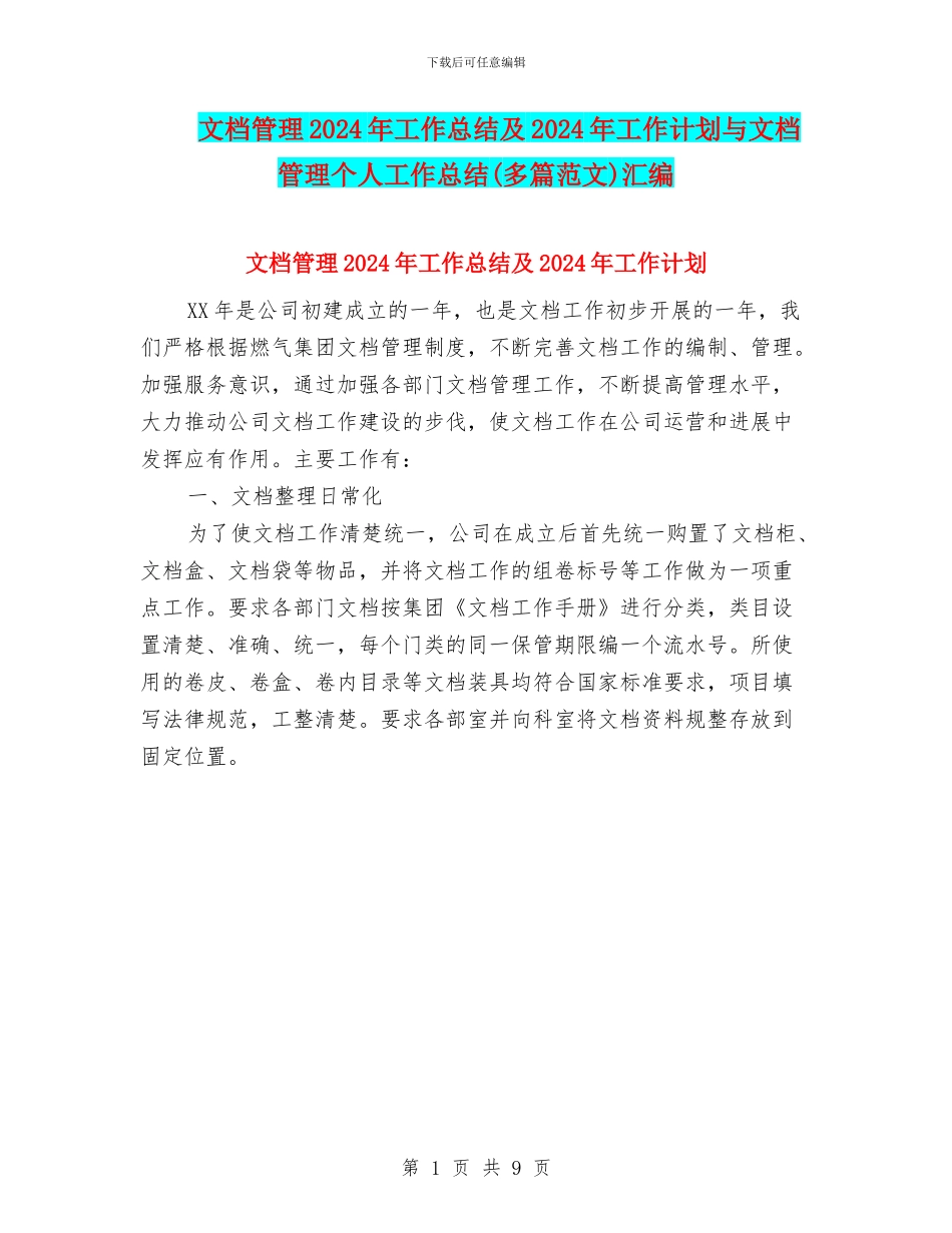 文档管理2024年工作总结及2024年工作计划与文档管理个人工作总结汇编_第1页