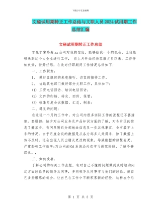 文秘试用期转正工作总结与文职人员2024试用期工作总结汇编
