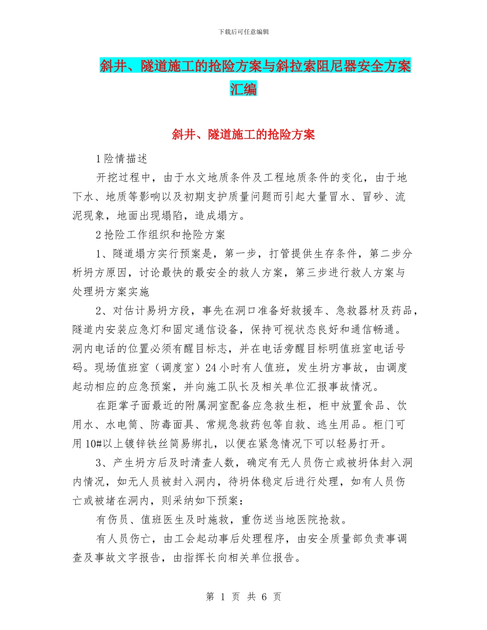 斜井、隧道施工的抢险方案与斜拉索阻尼器安全方案汇编_第1页