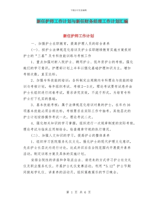 新任护师工作计划与新任财务经理工作计划汇编