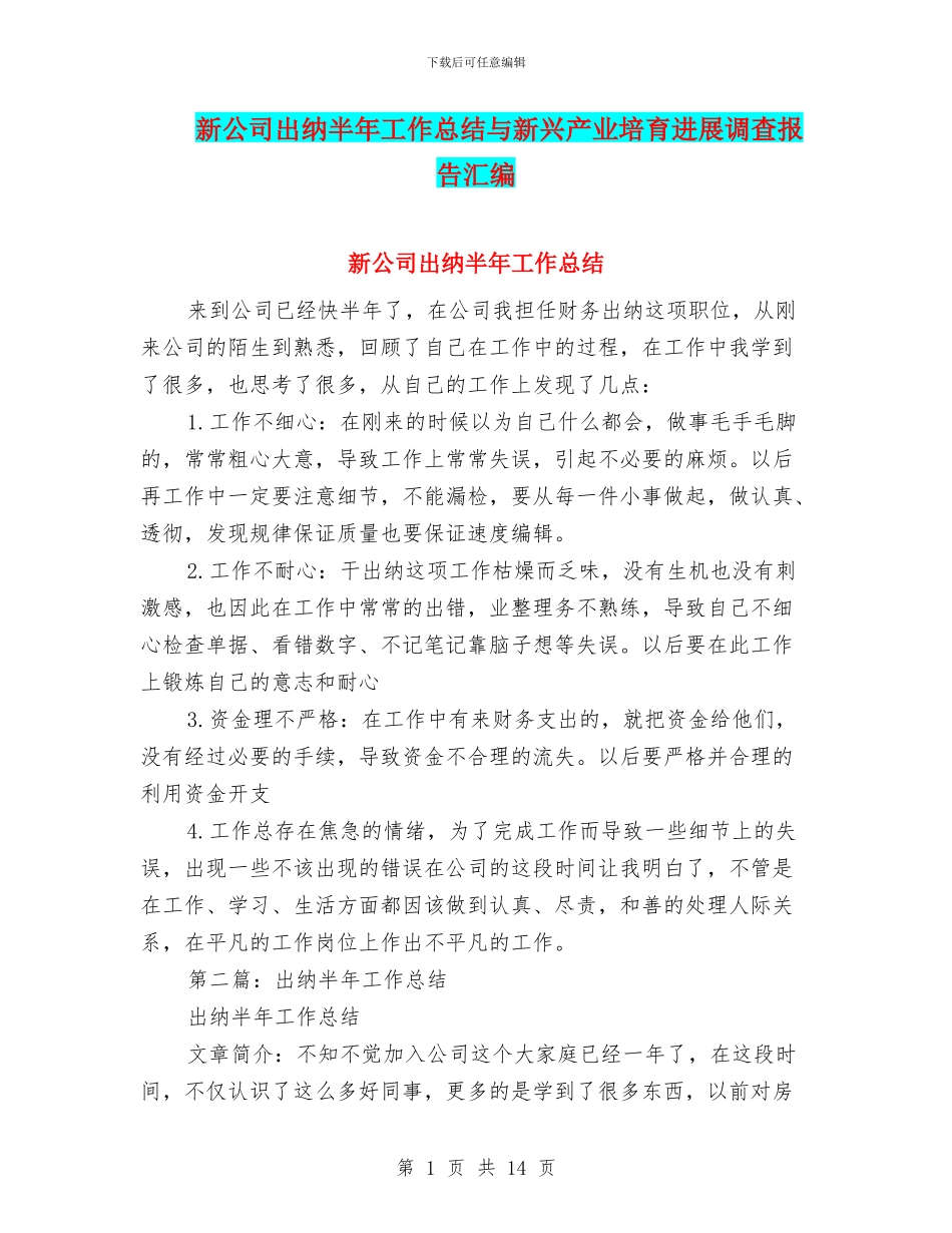 新公司出纳半年工作总结与新兴产业培育发展调查报告汇编_第1页