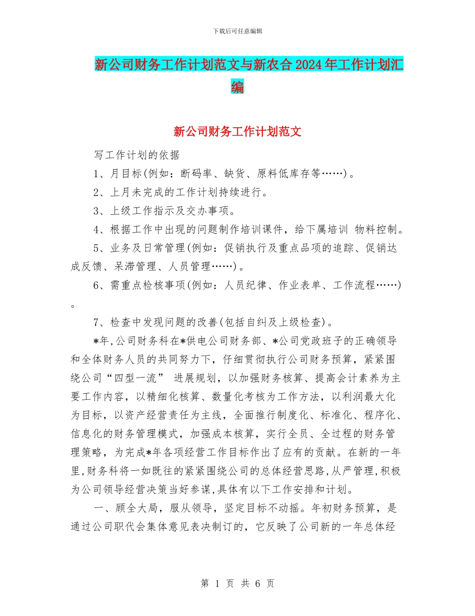 新公司财务工作计划范文与新农合2024年工作计划汇编_第1页