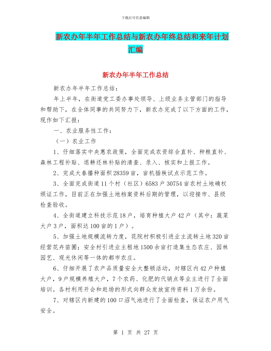新农办年半年工作总结与新农办年终总结和来年计划汇编_第1页