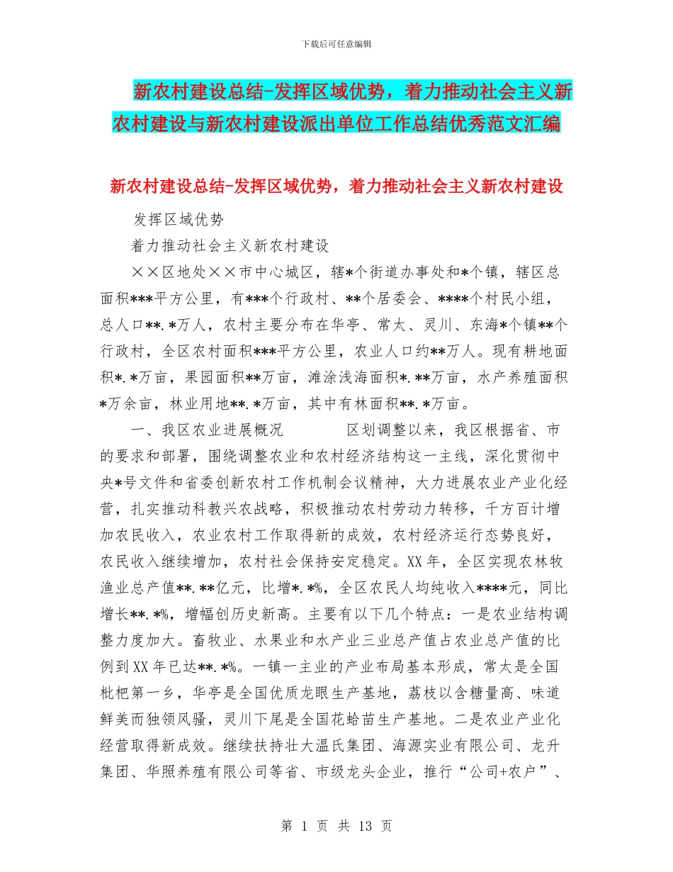 新农村建设总结-发挥区域优势-着力推进社会主义新农村建设与新农村建设派出单位工作总结优秀范文汇编_第1页