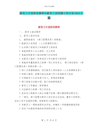 新员工计划范本推荐与新员工试用期工作计划2024汇编