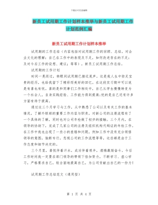 新员工试用期工作计划样本推荐与新员工试用期工作计划范例汇编
