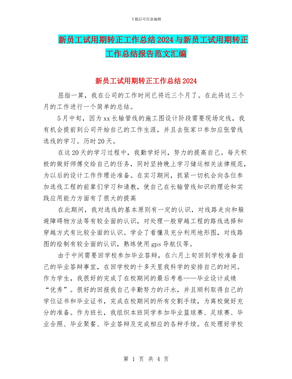 新员工试用期转正工作总结2024与新员工试用期转正工作总结报告范文汇编_第1页