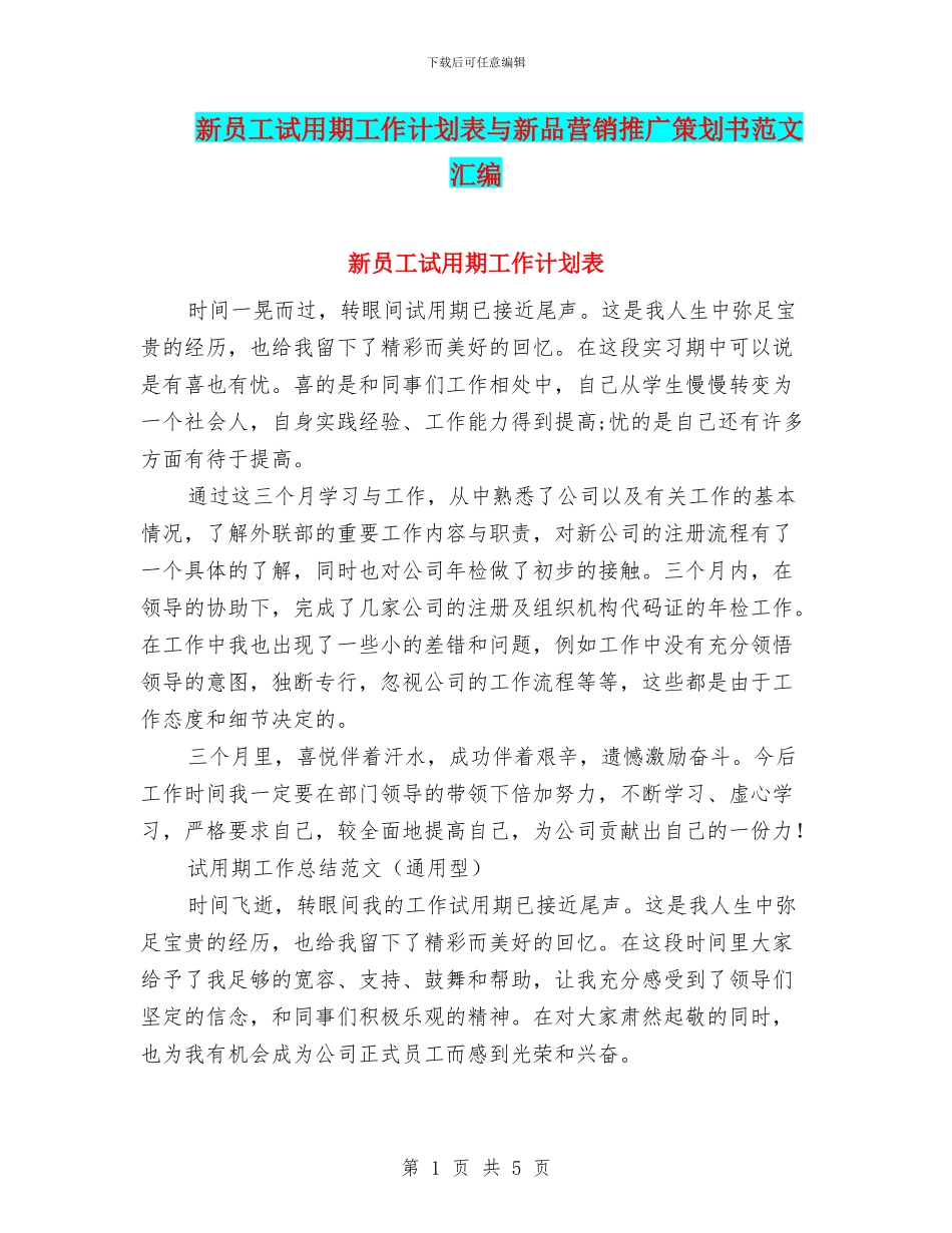 新员工试用期工作计划表与新品营销推广策划书范文汇编_第1页