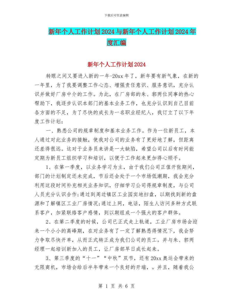 新年个人工作计划2024与新年个人工作计划2024年度汇编_第1页