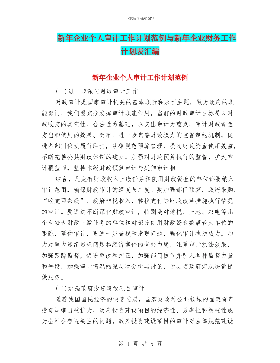 新年企业个人审计工作计划范例与新年企业财务工作计划表汇编_第1页