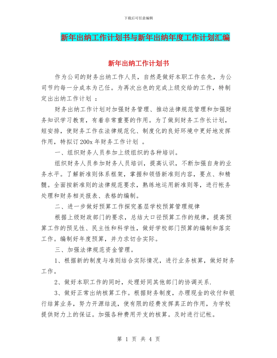 新年出纳工作计划书与新年出纳年度工作计划汇编_第1页