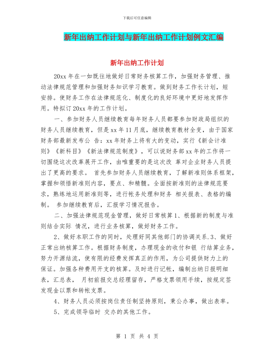 新年出纳工作计划与新年出纳工作计划例文汇编_第1页