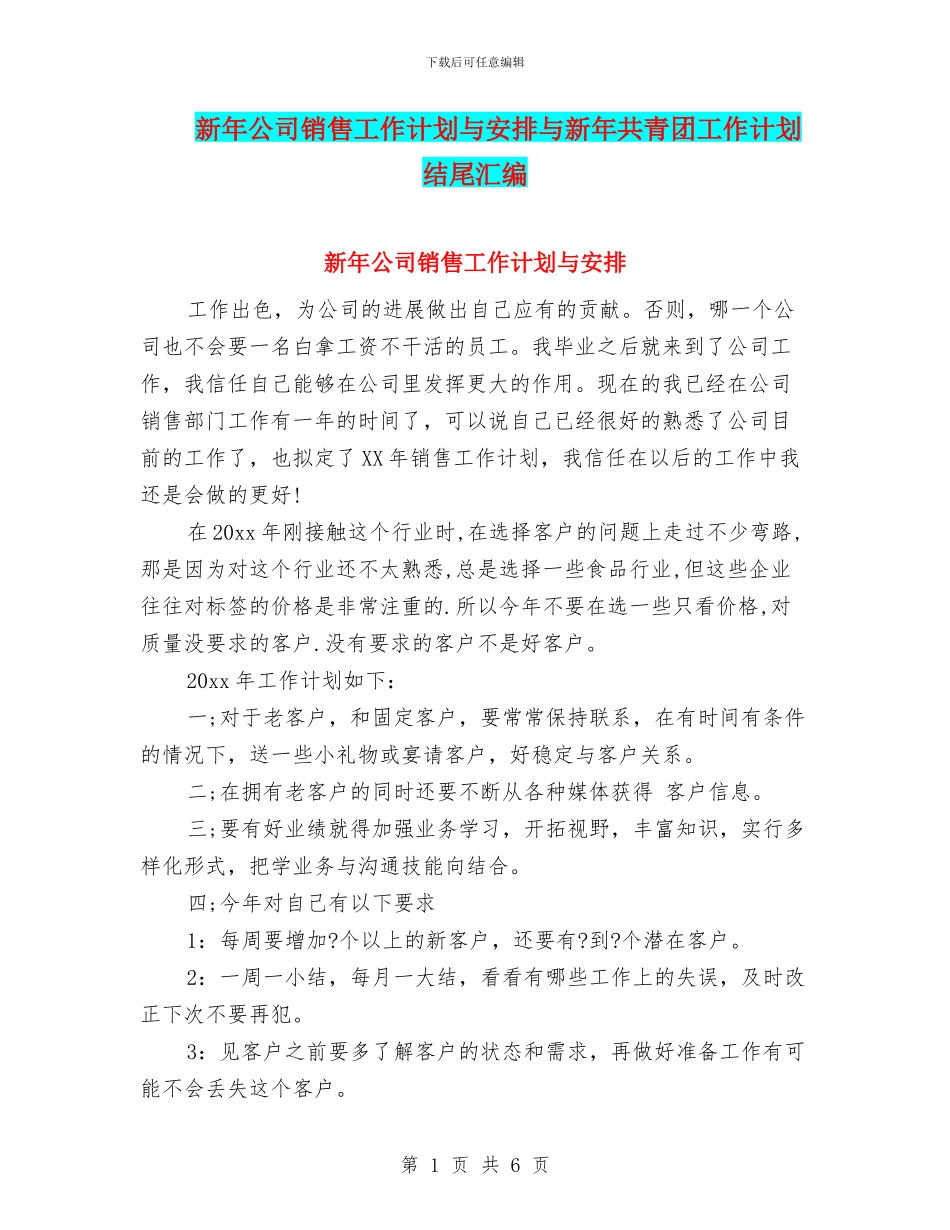 新年公司销售工作计划与安排与新年共青团工作计划结尾汇编_第1页