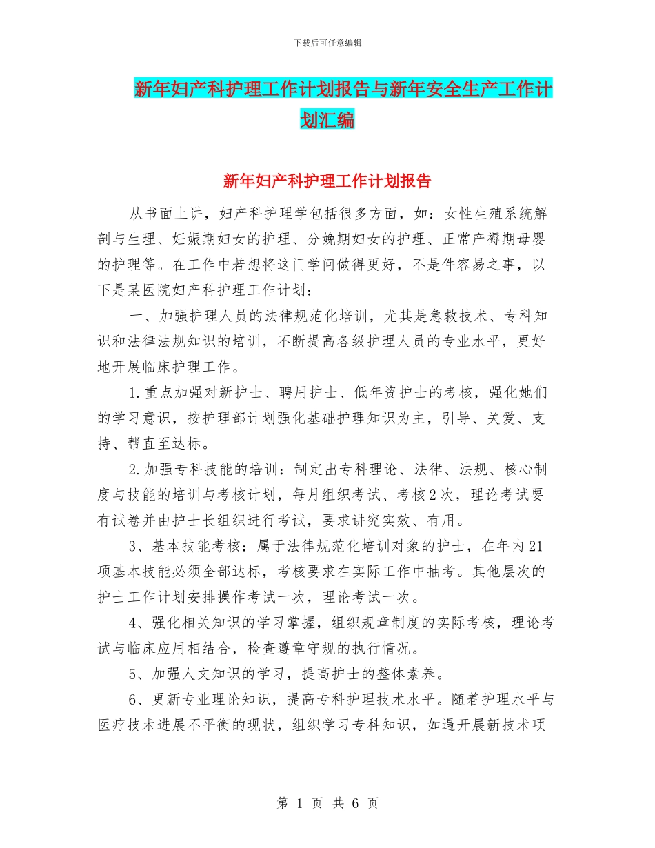 新年妇产科护理工作计划报告与新年安全生产工作计划汇编_第1页