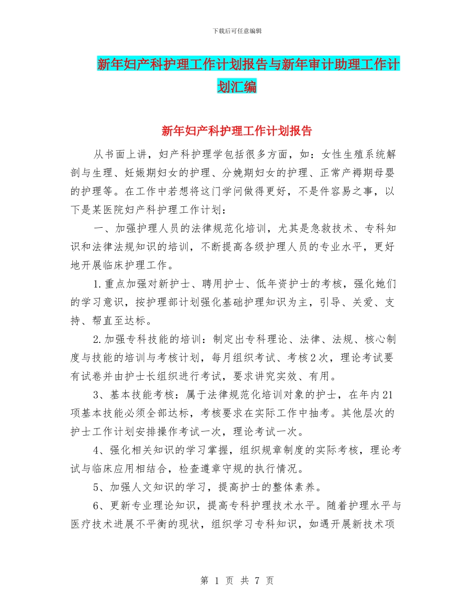 新年妇产科护理工作计划报告与新年审计助理工作计划汇编_第1页