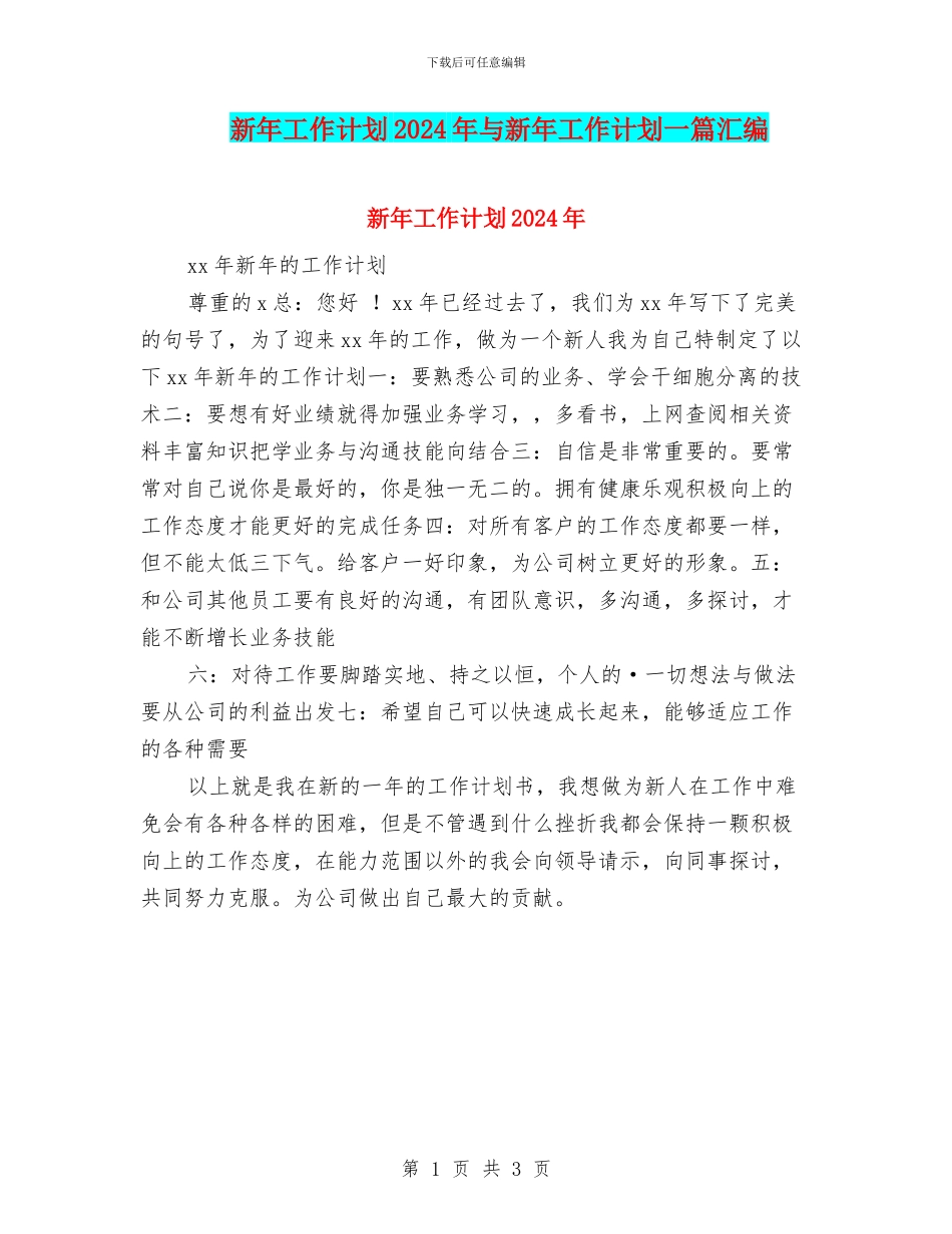 新年工作计划2024年与新年工作计划一篇汇编_第1页