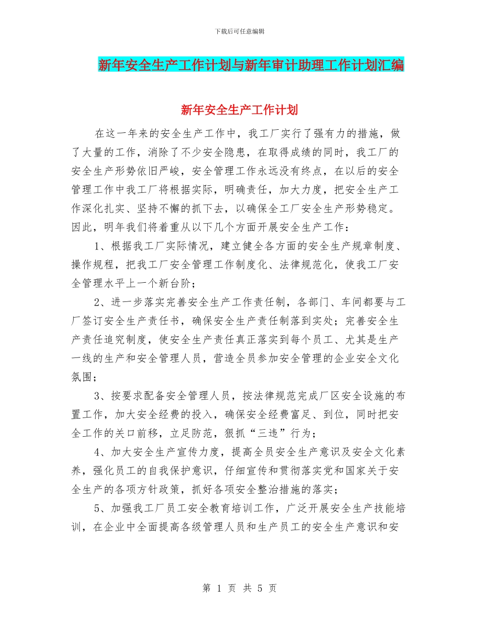 新年安全生产工作计划与新年审计助理工作计划汇编_第1页