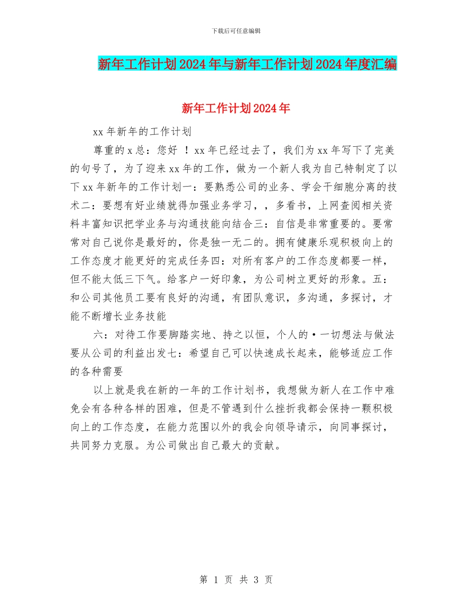 新年工作计划2024年与新年工作计划2024年度汇编_第1页