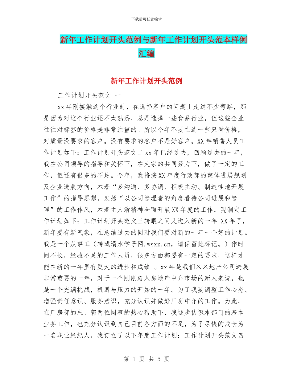 新年工作计划开头范例与新年工作计划开头范本样例汇编_第1页