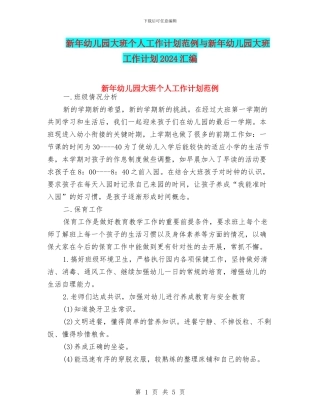 新年幼儿园大班个人工作计划范例与新年幼儿园大班工作计划2024汇编