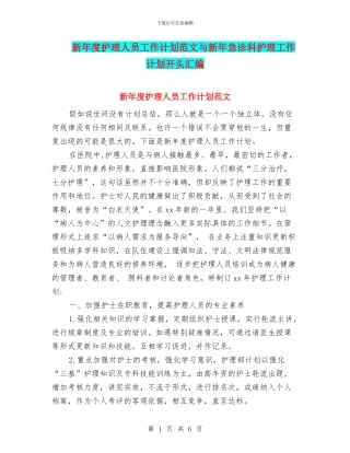 新年度护理人员工作计划范文与新年急诊科护理工作计划开头汇编