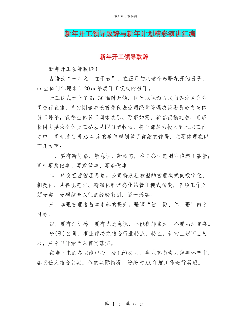 新年开工领导致辞与新年计划精彩演讲汇编_第1页