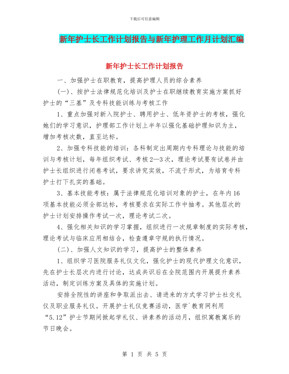 新年护士长工作计划报告与新年护理工作月计划汇编_第1页