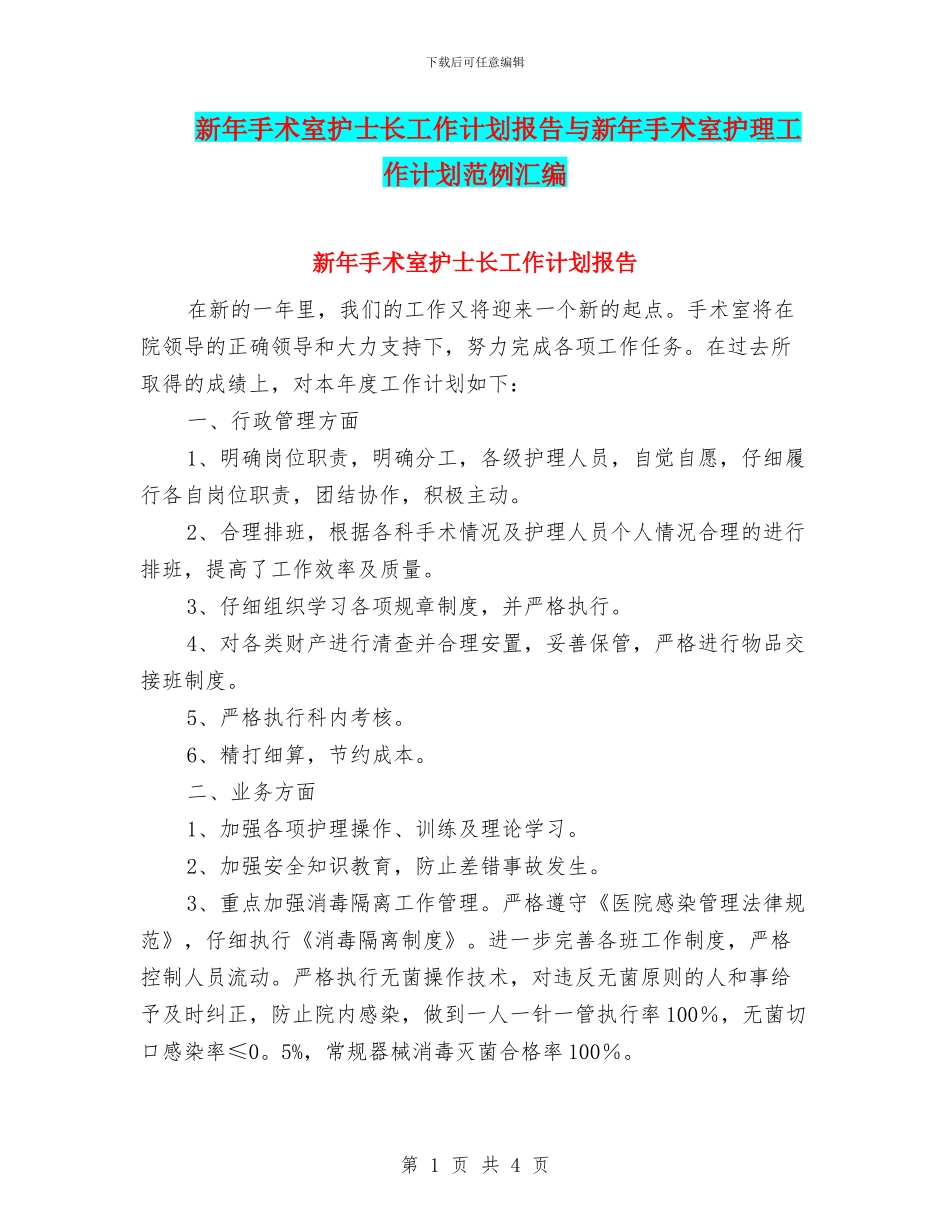 新年手术室护士长工作计划报告与新年手术室护理工作计划范例汇编_第1页