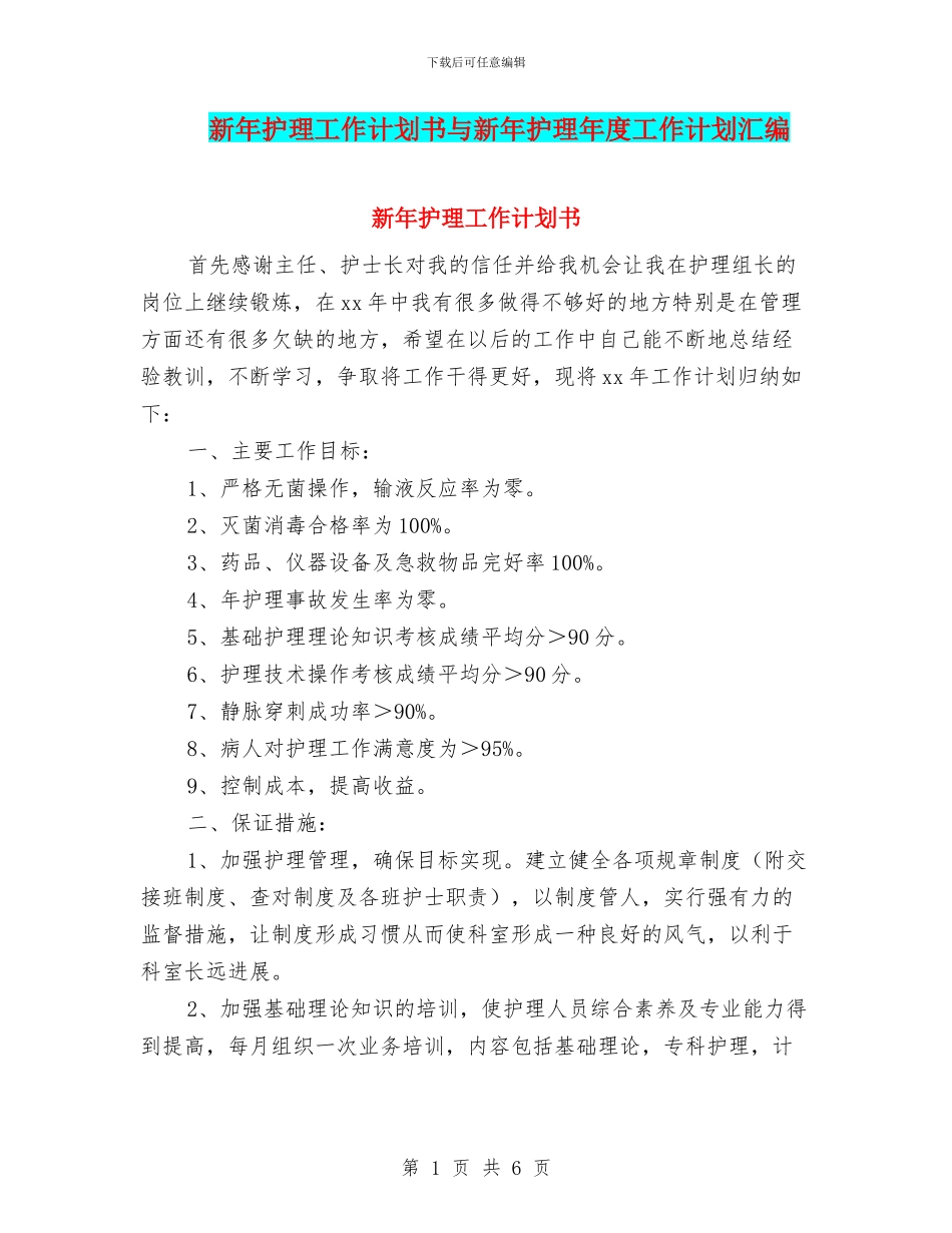新年护理工作计划书与新年护理年度工作计划汇编_第1页