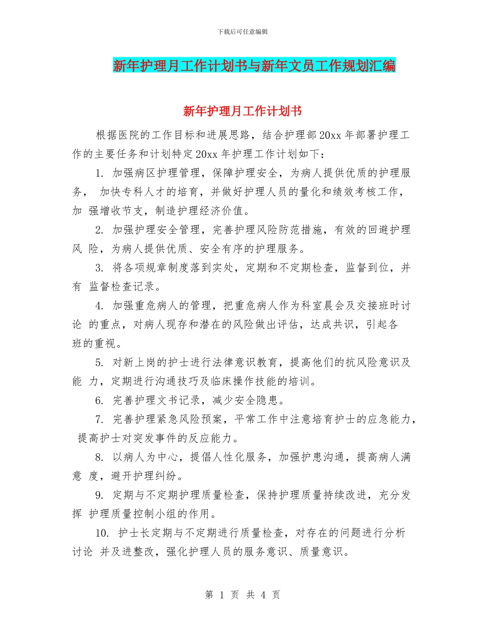 新年护理月工作计划书与新年文员工作规划汇编_第1页