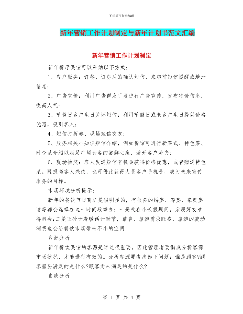 新年营销工作计划制定与新年计划书范文汇编_第1页