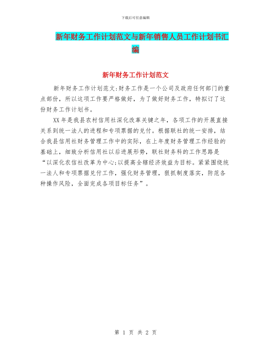 新年财务工作计划范文与新年销售人员工作计划书汇编_第1页