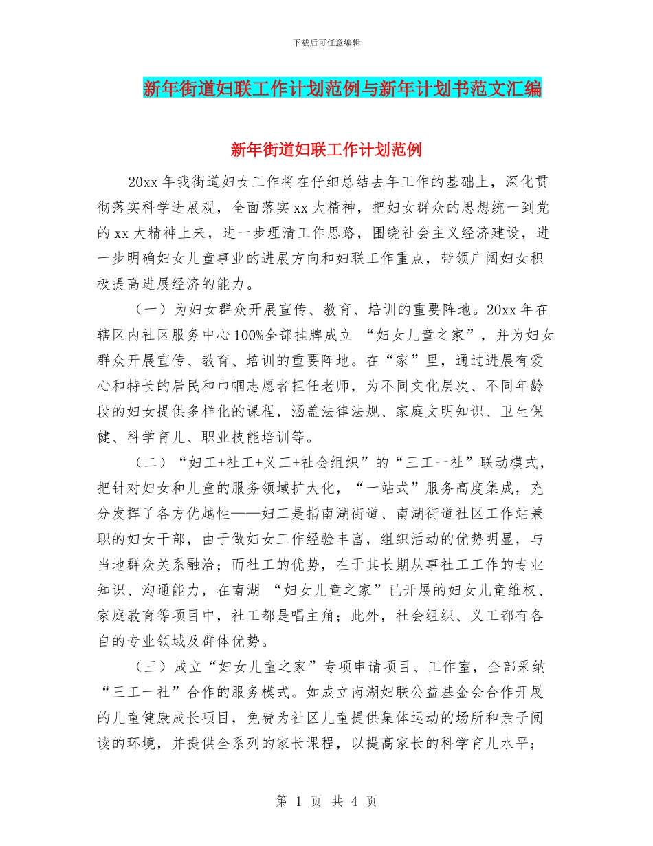 新年街道妇联工作计划范例与新年计划书范文汇编_第1页