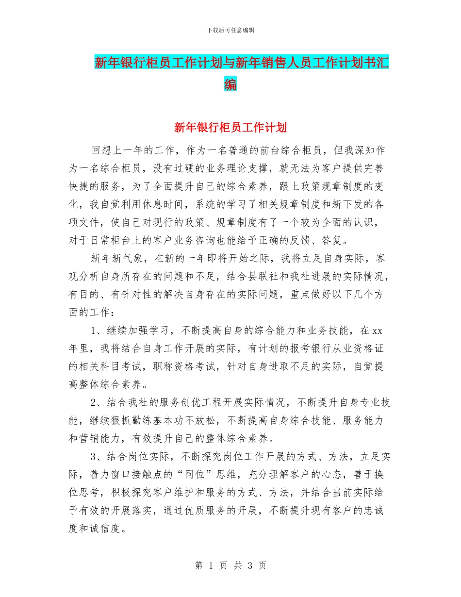 新年银行柜员工作计划与新年销售人员工作计划书汇编_第1页