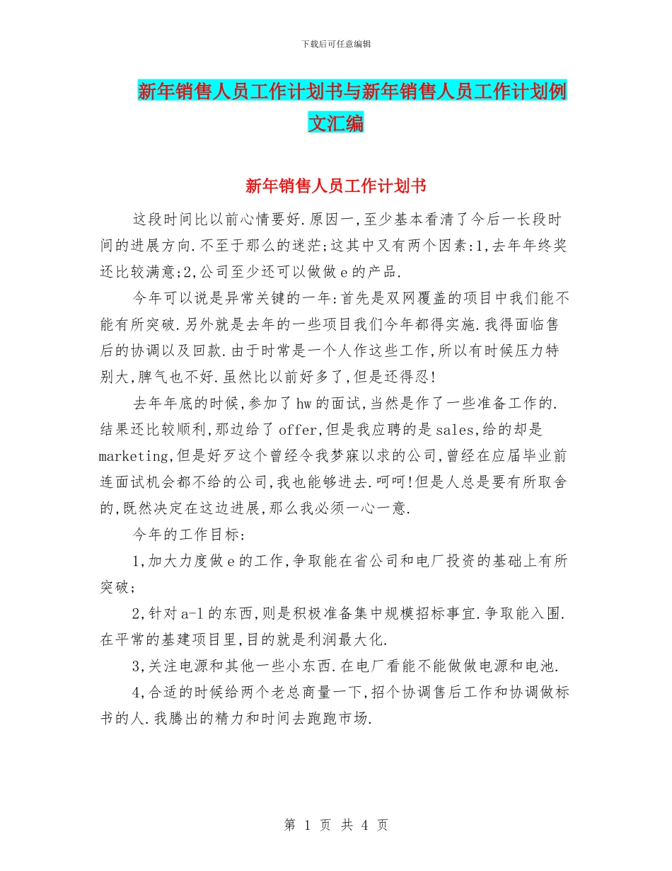 新年销售人员工作计划书与新年销售人员工作计划例文汇编_第1页