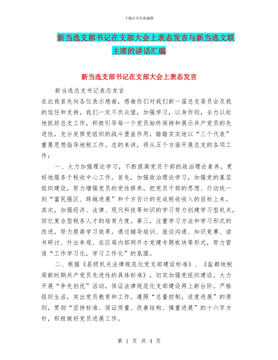 新当选支部书记在支部大会上表态发言与新当选文联主席的讲话汇编_第1页