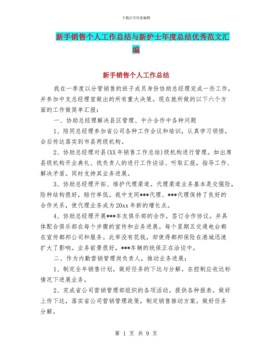 新手销售个人工作总结与新护士年度总结优秀范文汇编_第1页